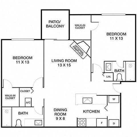 Floor plan for 2 beds, 2 baths, 935 sqft